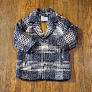 Zara Kids Plaid Pea Coat - Gray and Cream
